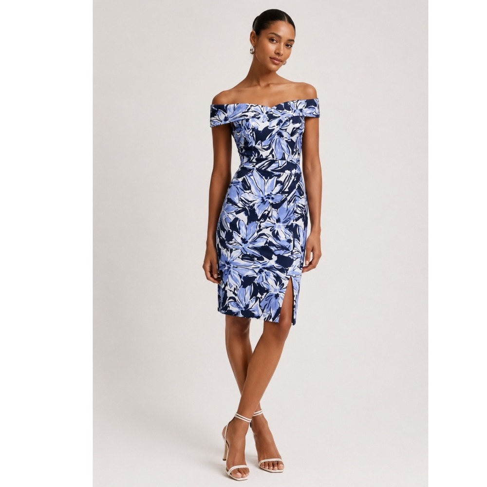 Joseph Ribkoff OFF SHOULDER SHEATH Women 12 Floral Dress BLUE VANILLA COCKTAIL